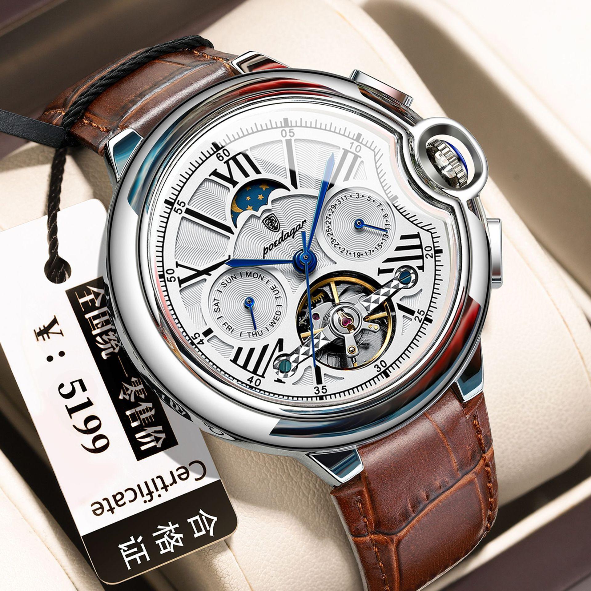 POEDAGAR National Top Swiss Brand Tourbillon Automatic Watch New Waterproof Multifunctional Men s Wristwatch P1413Silver case with whi