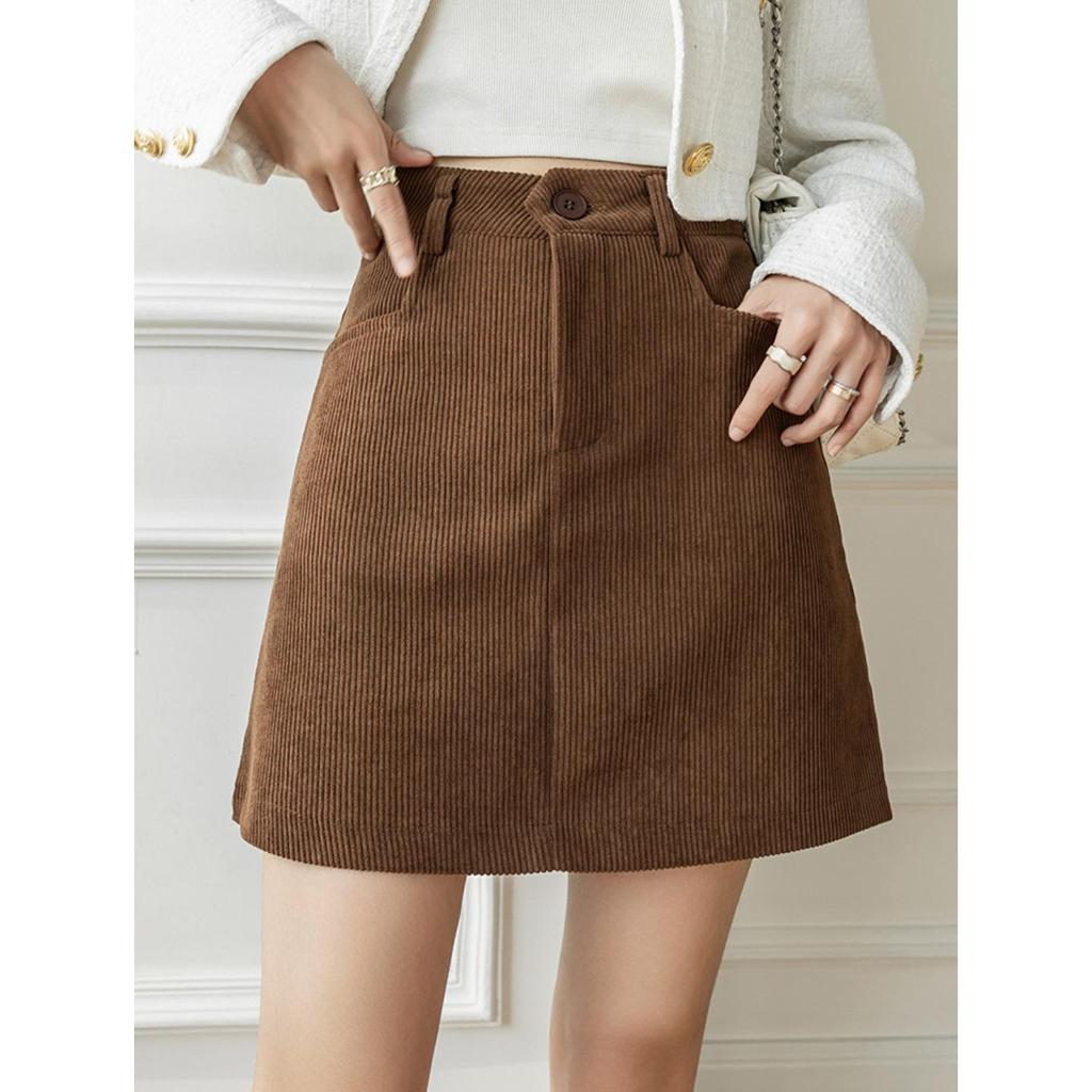 Plus Size Women's Coffee Corduroy A-line Skirt - Autumn/Winter Hip-Hugging Retro Brown Short Skirt