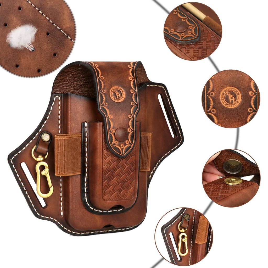 TOURBON Leather Phone Pouch with Belt Tool Pouch for and Keys Loop, Pliers, Pens, Flashlights,