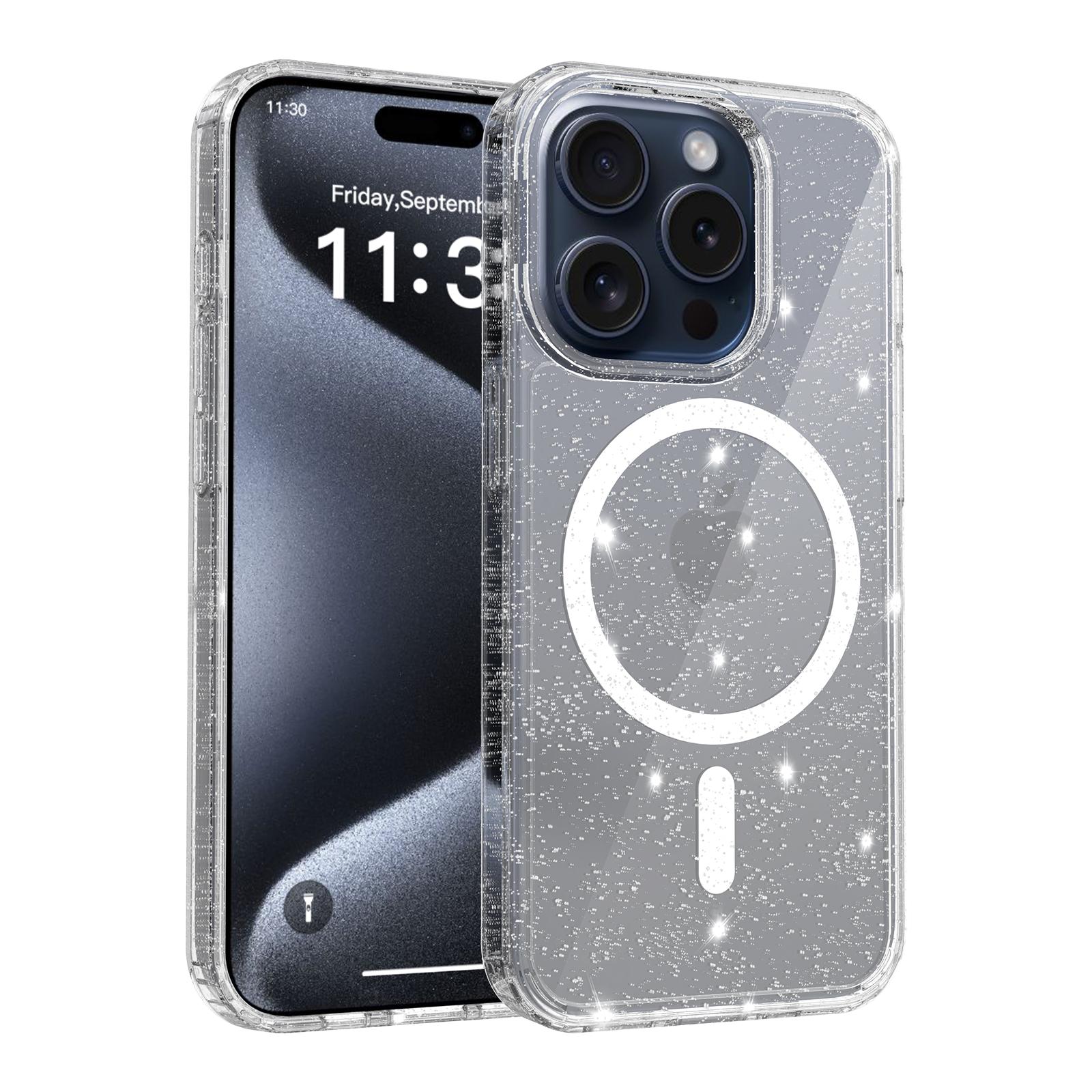 For iPhone 15 Pro Magnetic Case Glitter Design TPU PC PET Drop Proof Phone Cover