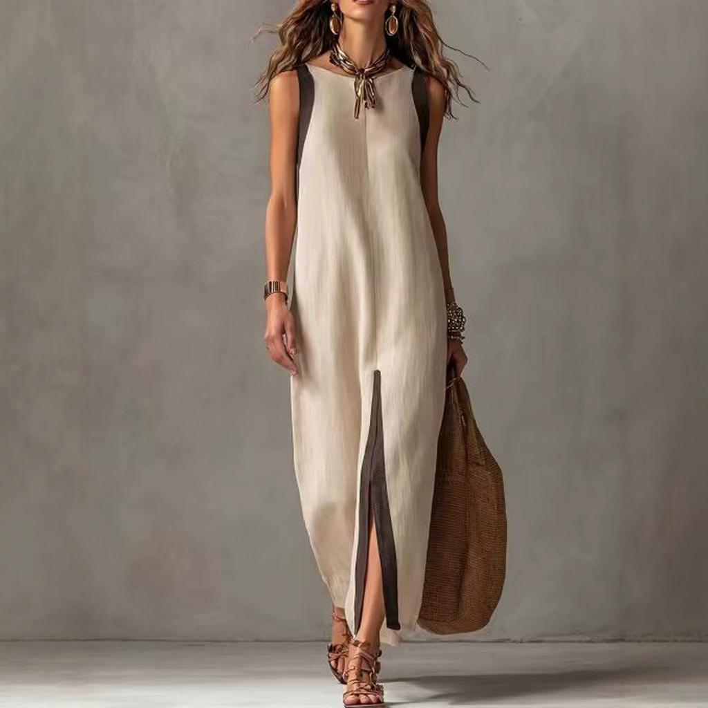 Amazon 2026 cross-border European and American summer new women's casual temperament sleeveless contrasting color split linen dress