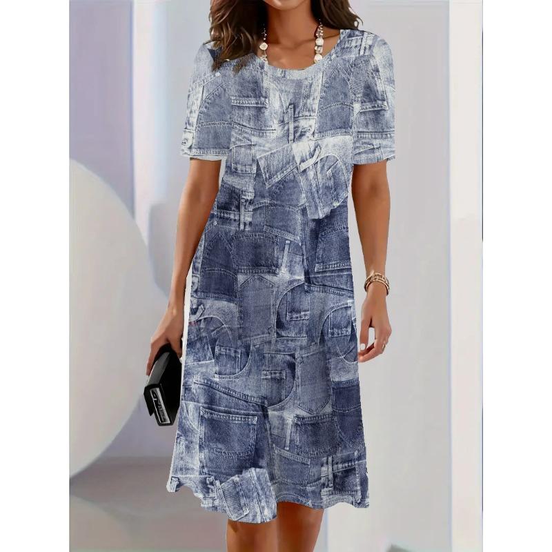 Women Dress Vintage Denim Blue Print Design Sense Fashion New Summer Elegant Casual Short Sleeve Dress Loose Women A-Line Dress