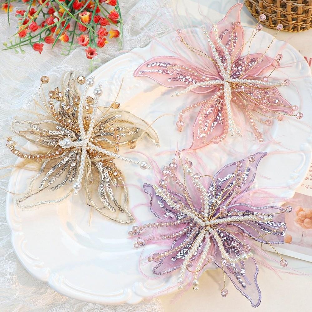 Sequin Lace Feather Hair Clip Mesh Beads Flower Hairpin Headwear Edge Clip Bridal Wedding Headwear Party Hair Accessories