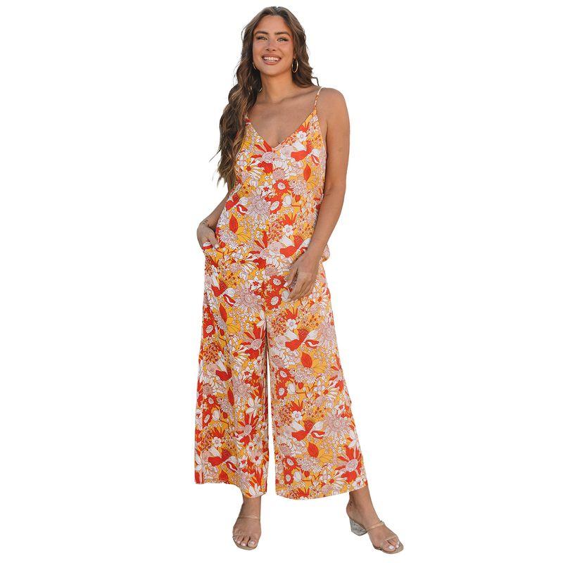 

American Shiying Floral V-neck Sling Jumpsuit Women 2025 Summer New Loose Wide Leg Jumpsuit Women Orange S code fits (45.00 kg-55.00 kg