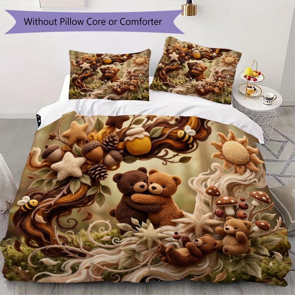 Repeat Bear Pattern Bedding uilt Set uilt Cover Pillowcase Home Decoration Birthday Gift (1 * duvet cover + 2 * pillowcase without core)
