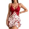 Women Floral Print Lace Sling Nightgown V-Neck Spaghetti Strap Sleep Dress Backless Homewear Lingerie Mini Dress