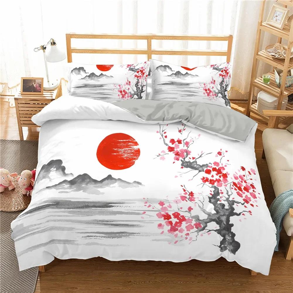 Comforter Ink Painting King Queen Chinese Landscape Painting Bedding Set Adults Idyllic Scenery Mountain Polyester