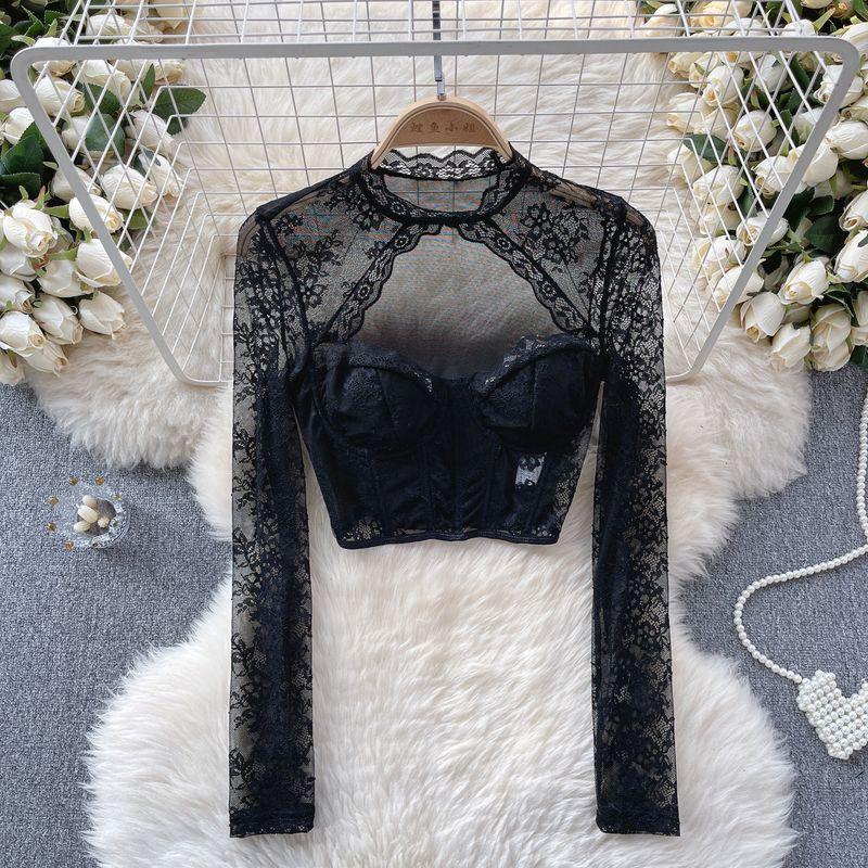 

French Sweet Lace Tops Women s Scheming Hollow-out Halter Sexy See-through Long-Sleeved, Slim-Fit, Short Crop Top Bottoming Shirt Black XS