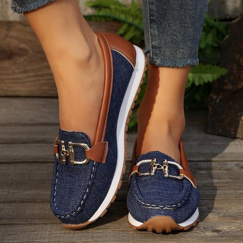 Women's Spring Large Size Flat Round Toe Chain Buckle Slip-On Shoes.