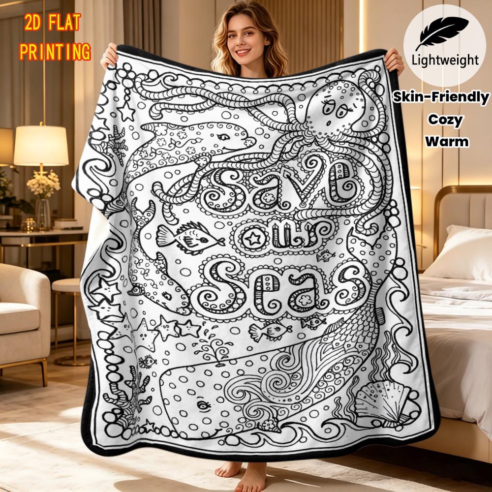 1pc Flannel Throw Blanket Suitable for - Use with Marine Life Coloring Pages - DIY Coloring Book Bedspread, Soft Skin-Friendly Bedding for &, for Home