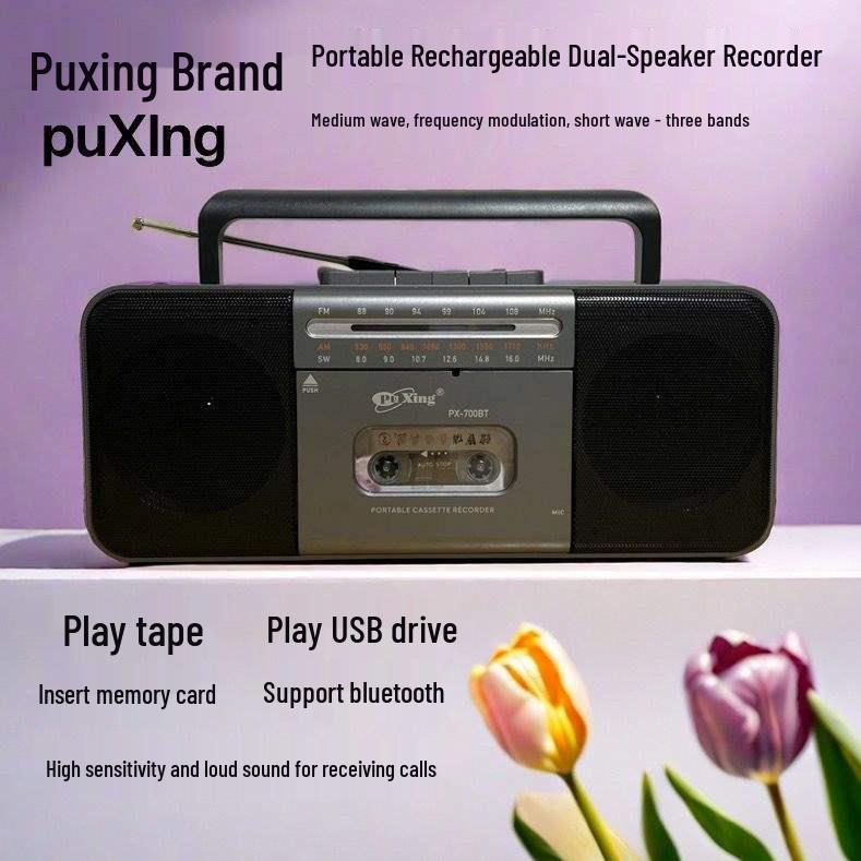

Puxing Rechargeable Tape Recorder with High-Quality Sound, Dual Speakers, USB, and Card Player.