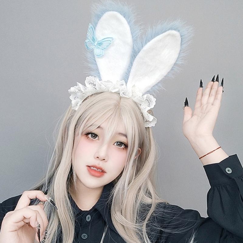 Plush Sweet Rabbit Ears Headband With Elegant Lace And Bowknot Detachable For Cosplay Party And Daily Wear