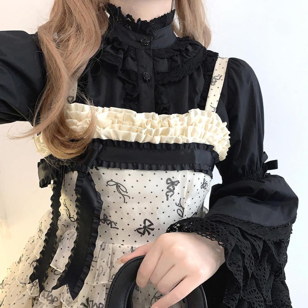 Lolita Blouse with Princess Long Gothic Lolita French Classical Winter [XHSUKADO] Sleeves, 5-Tier Ruffles, Cute, Women's Sleeves, Stand-Up Collar,