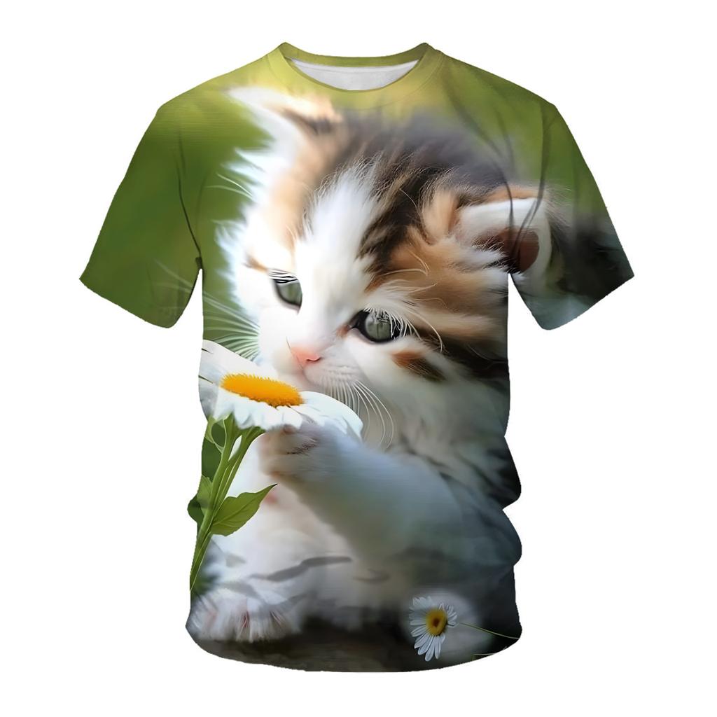Comfortable Soft Cute Cat Summer Short Sleeved T-shirt 3D Printed Round Neck Casual Sports Men's Women's T-shirt