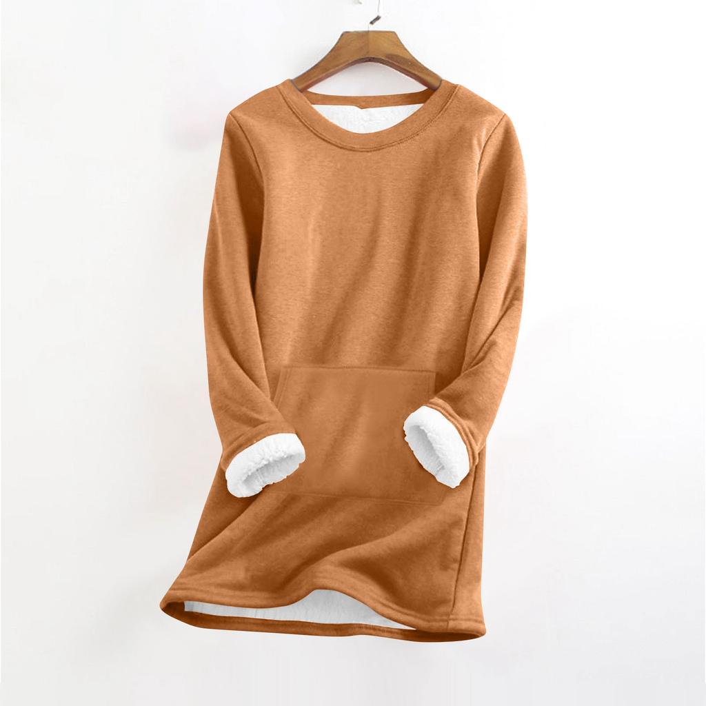 Women's Fashionable Solid Color Round Neck Long Sleeved Plush Warm Pullover Top