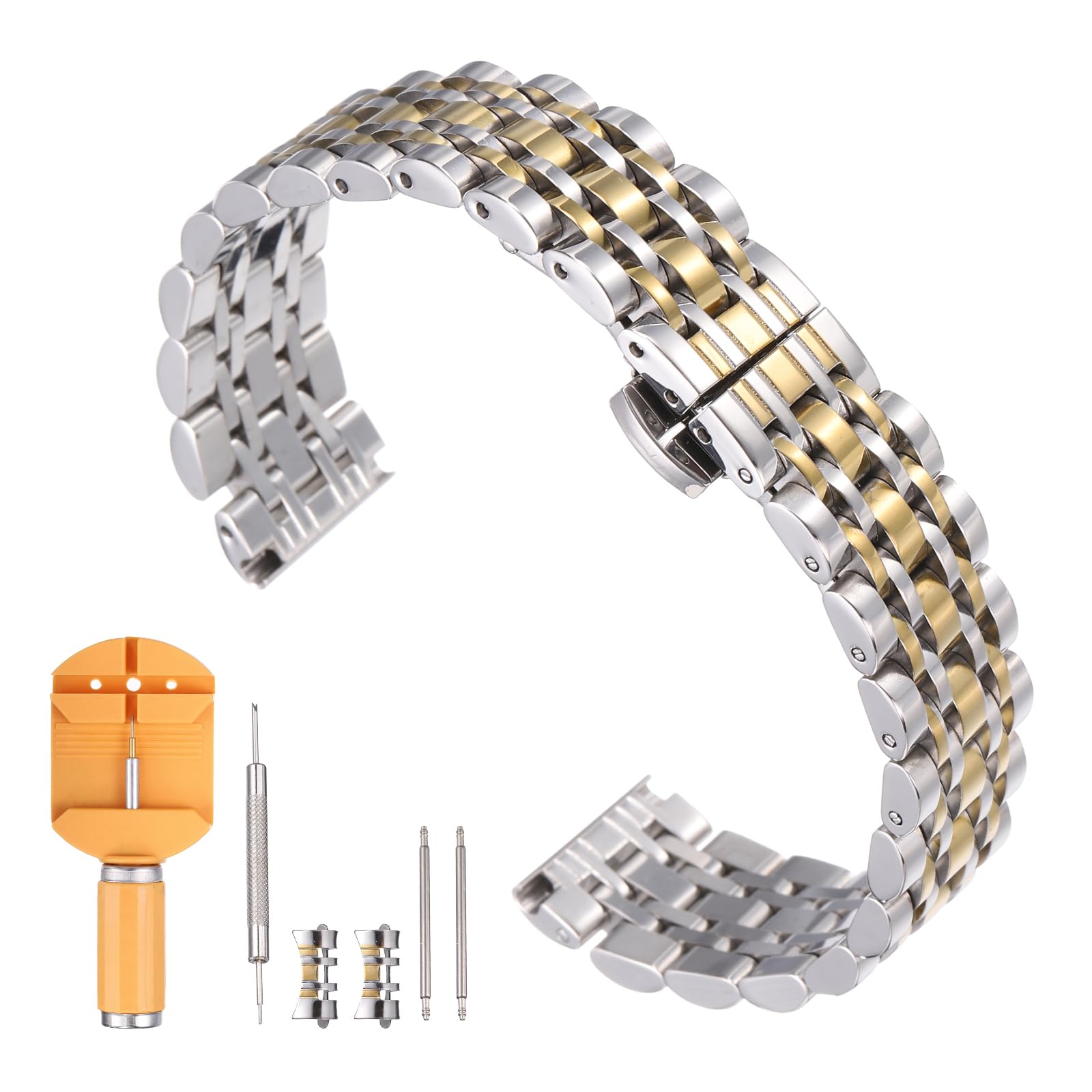 

[uxcell] Stainless Steel Watch Band 16mm Quick Release Metal Polished Replacement Butterfly Strap with Removal Tool for Men & Women Silver/Gold