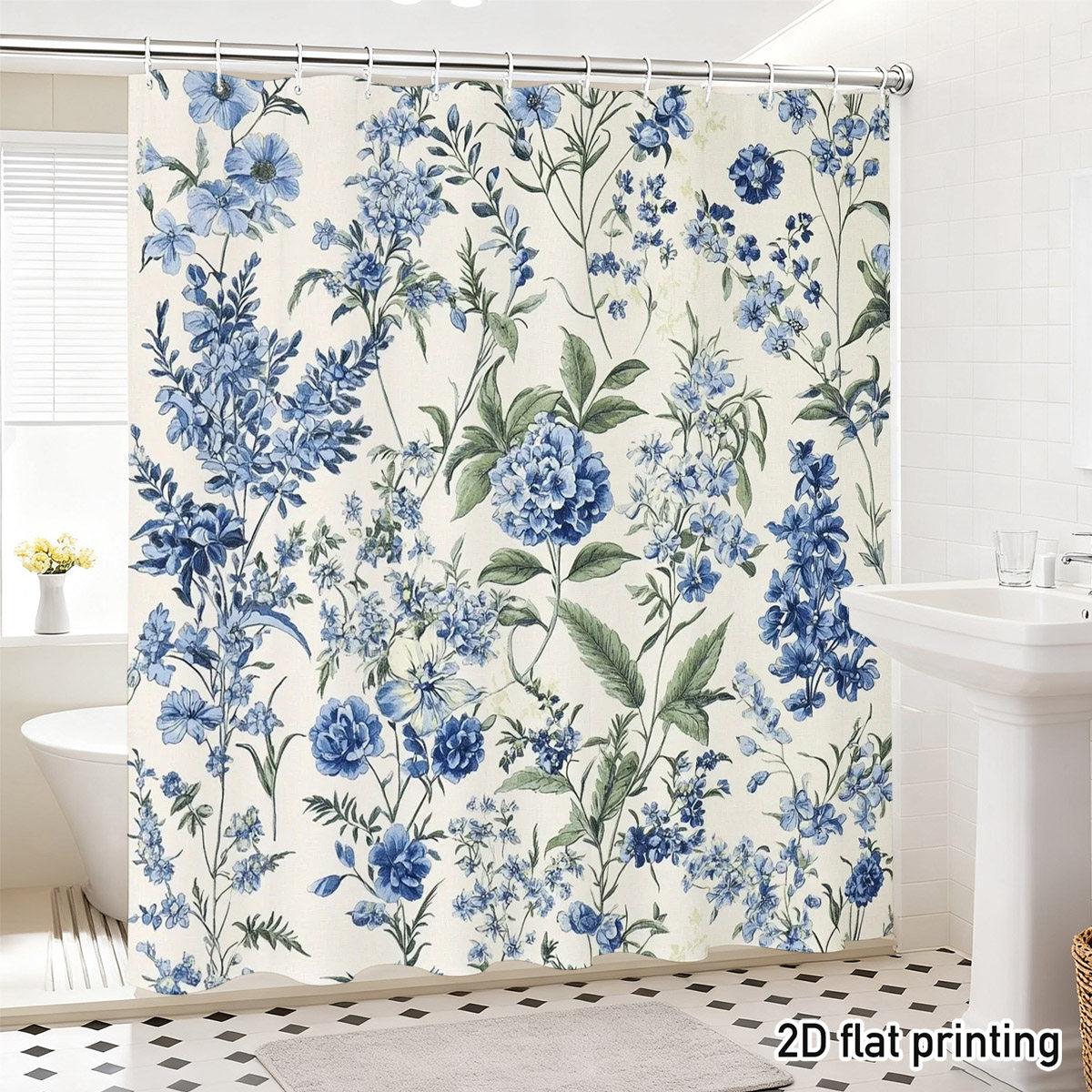 

Blue Floral Pattern Shower Curtain Waterproof Easy To Clean Privacy Protection Print Vintage Botanical Design Elegant 12 Hooks W60H190(CM)-1 Pcs