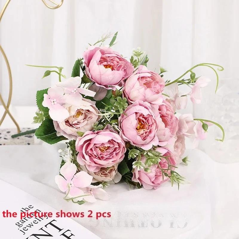 Green Aloes 2pcs Orange Horn Rose Peonies Bouquet Artificial Flowers Simulation Perfume Peony Silk Fake Flower Office Decoration