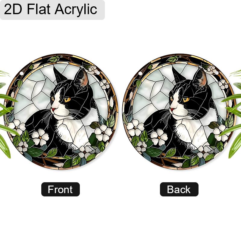 Acrylic Tuxedo Cat with White Flowers Suncatcher, Stained Glass Effect Window Hanging Ornament for Cat & Pet Lover Gifts