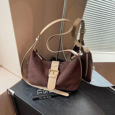 Monochromatic Faux Suede Women's Shoulder Bag Crossbody Bag with Zipper Contrasting Color Buckle Decoration Monochromatic Fashion Hot Sale
