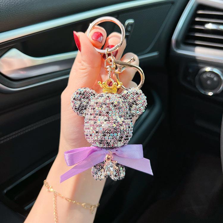 Stylish Diamond Crown Bear Keychain with Ribbon - Charming Doll Accessory and Elegant Gift