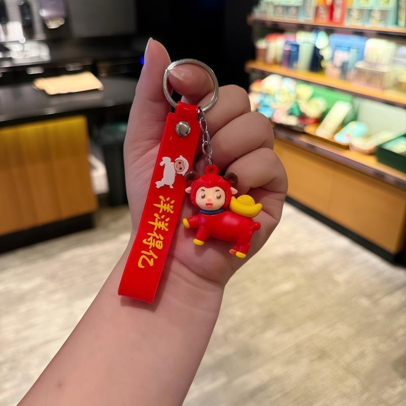Soft Wrist Lanyard Cartoon Red Sheep Keychain 3D Fluffy Doll Pendant Comfortable Key Holder for Daily Bag Accessory