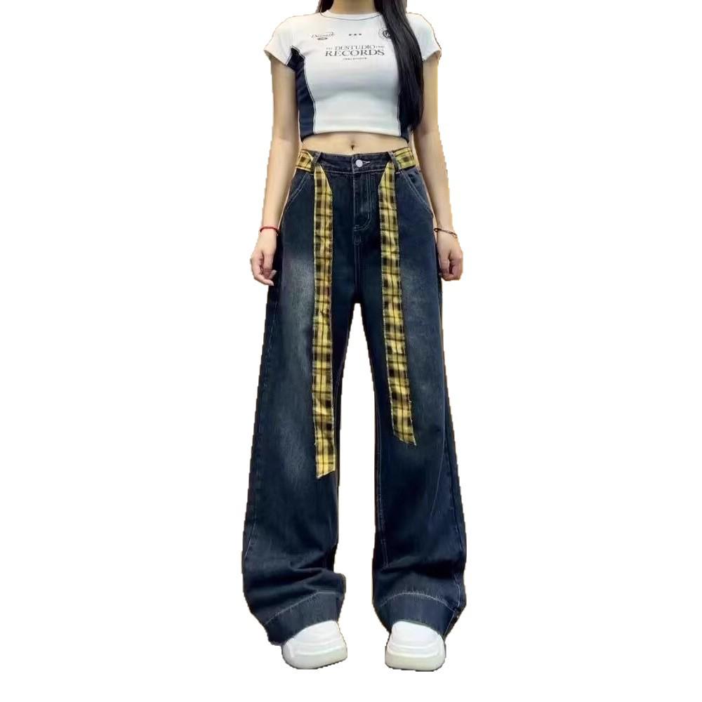 Autumn Plaid High-Waisted Wide-Leg Slimming Jeans for Women