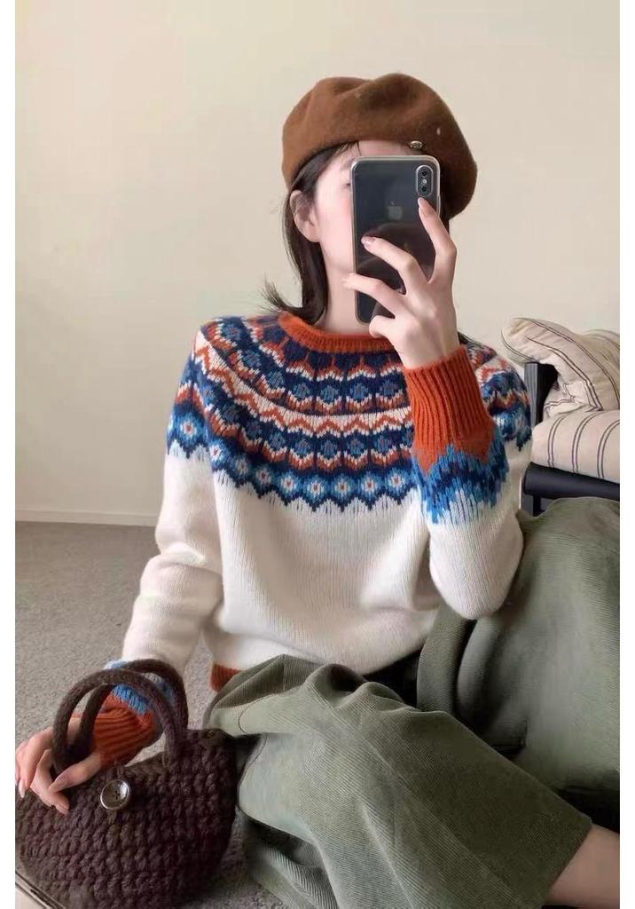 Women's Retro Fair Isle Color Block Wool Sweater for Autumn/Winter 2026