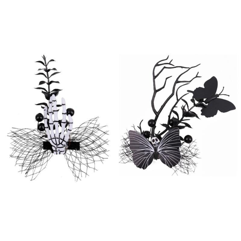 Spooky Gothic Hairpin Featuring Skeleton Hand Plastic And Dark Floral Decoration For Halloween 1