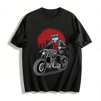 Vintage Street Style Cool Biker Cat Graphic Print Casual Tee Pure Cotton T-shirt