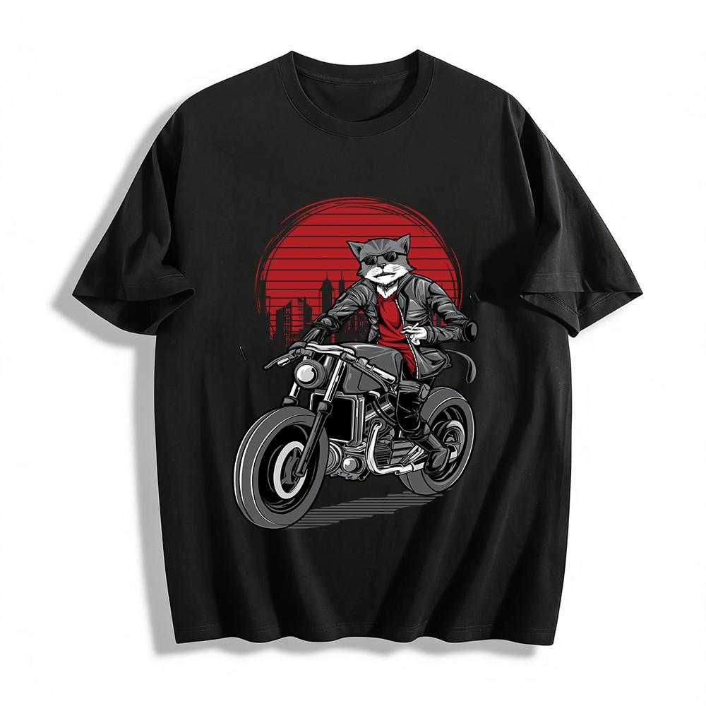 Vintage Street Style Cool Biker Cat Graphic Print Casual Tee Pure cotton T-shirt XXS
