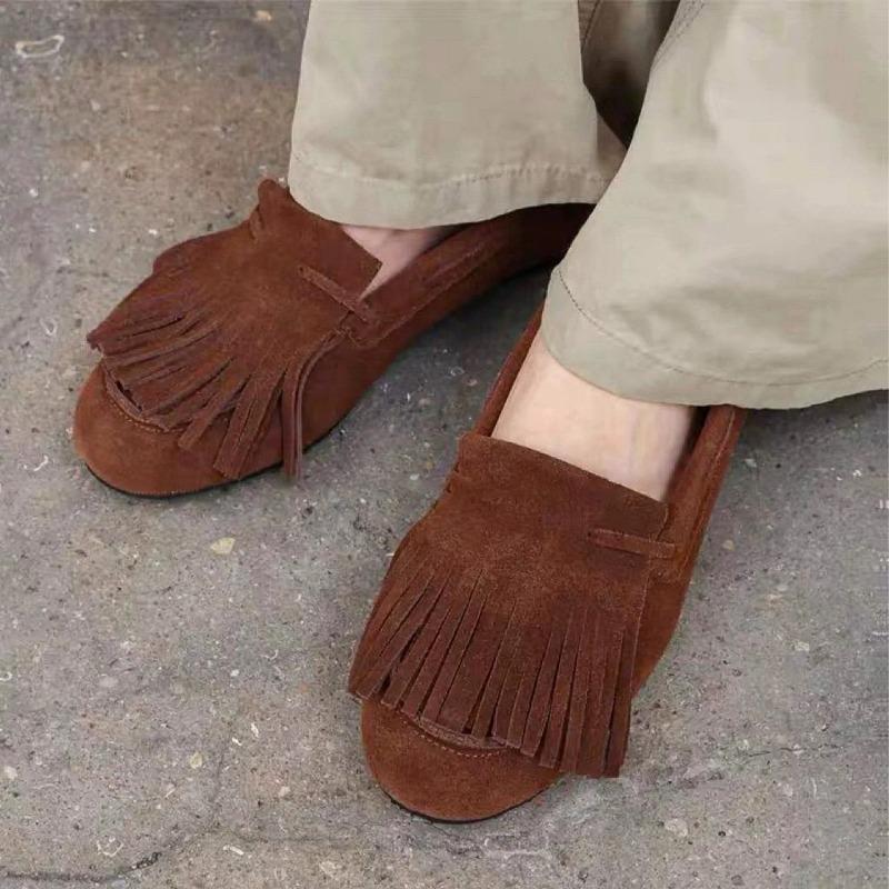 Schafsfell-Version~ Nischen-Design Wildleder Fransen Flachsohle Runde Kappe Loafer Damen Frühling Neu Vielseitige Einzel-Schuhe