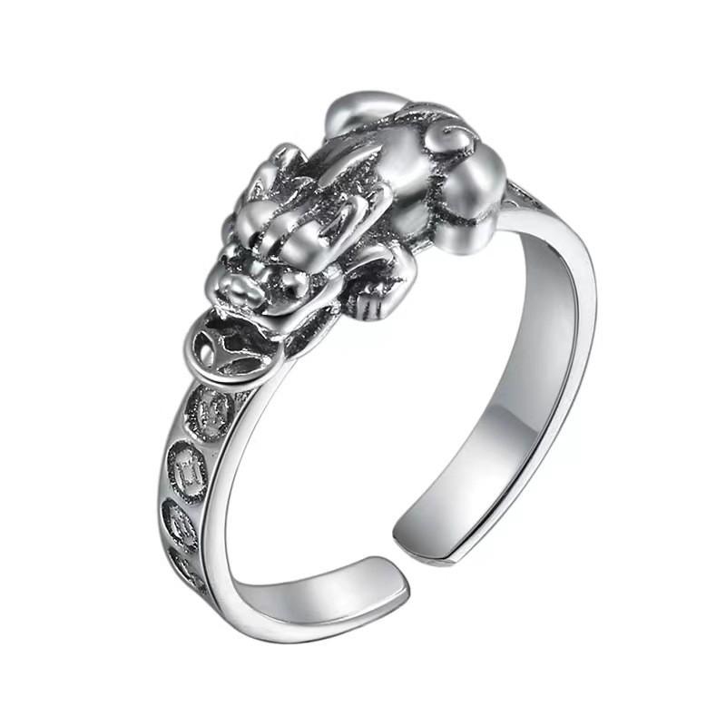 Adjustable Open Ring Men Women Plated Copper Vintage Pixiu Lucky Charm Retro Geometric Style