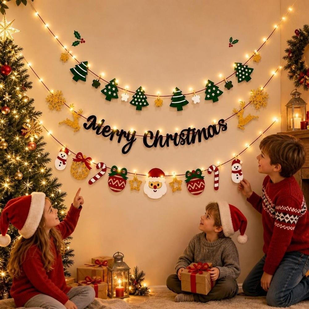 Warm Light Wall Hanging Banner Cartoon DIY Pull Flag Christmas Luminous Banner  Christmas Party