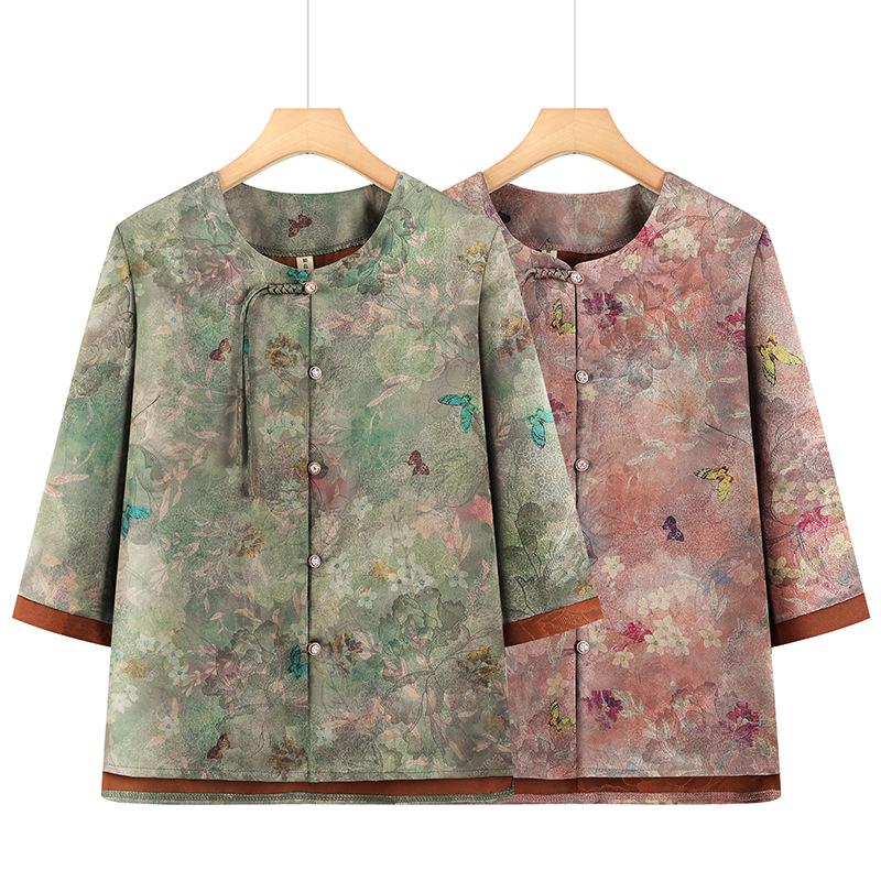 Summer Chinese Style Plus Size Top for Elderly Women - Loose Three-Quarter Sleeve Shirt