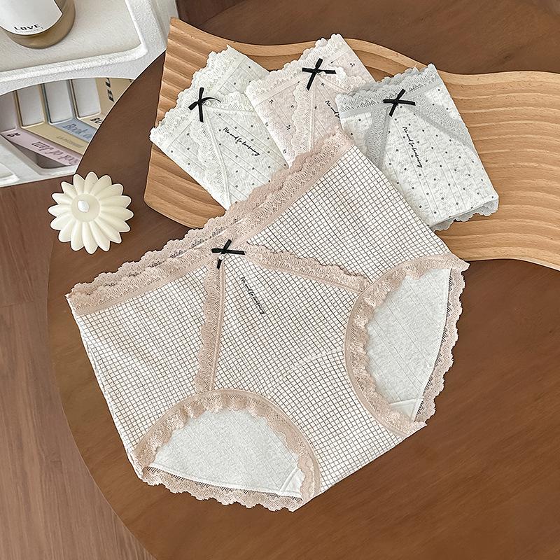Ladies Summer Gentle Lace Stitching Jacquard Cotton Color Yarn 10A Bacteriostatic Crotch Mid Waist Triangle Briefs