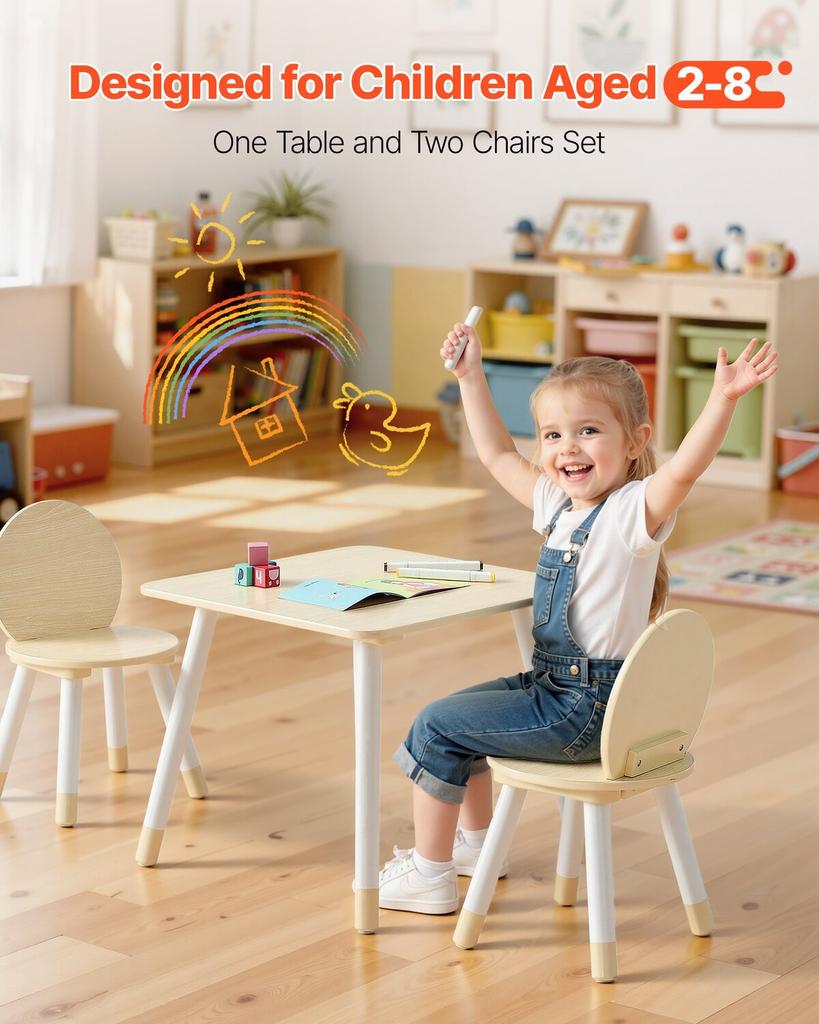 Kids Table and 2 Chairs Set, Toddler Table and Chair Set with Rounded Edge Design & Graffiti Desktop, Wooden Desk for Art, Craft, Reading, Learning,