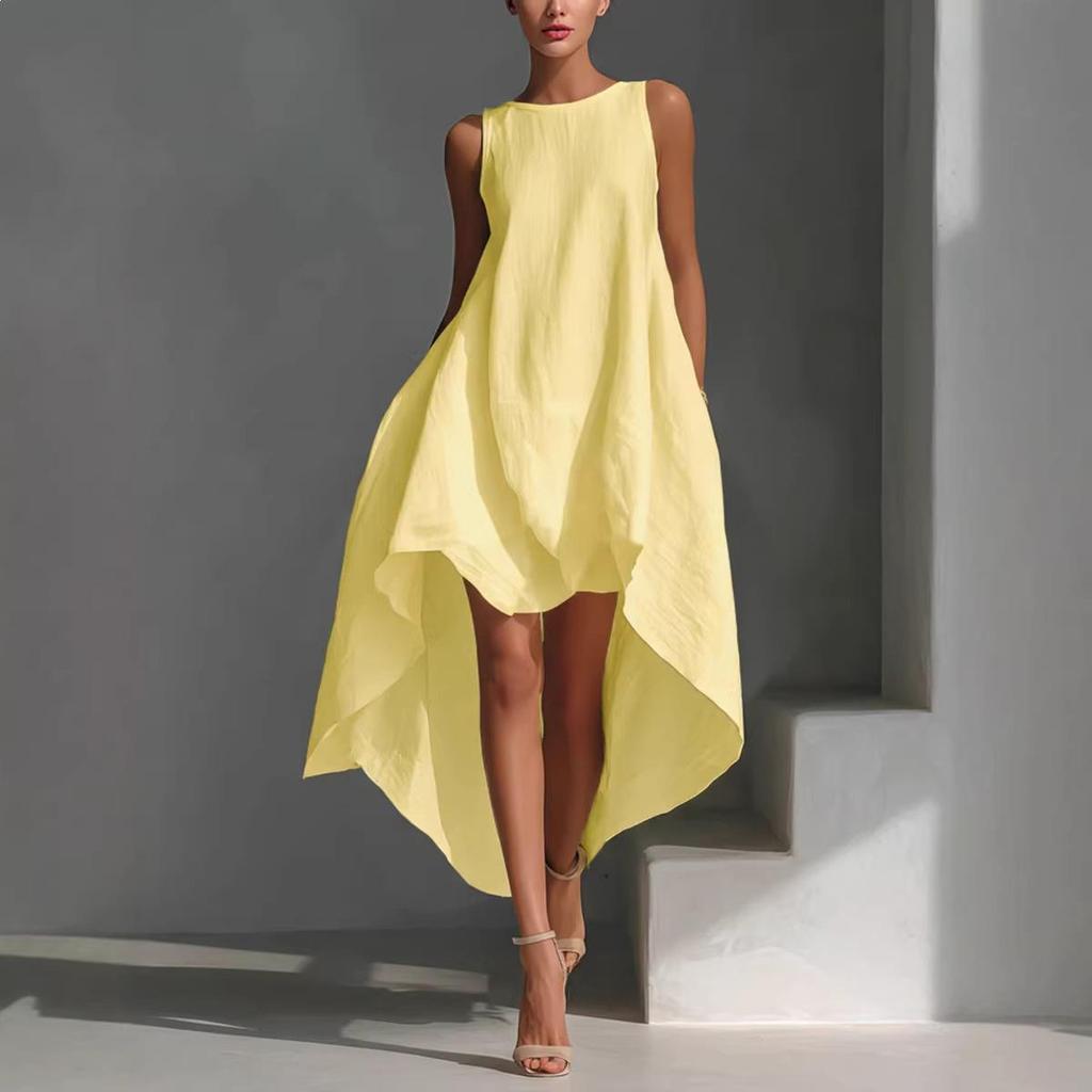 2026 Summer Women's Solid Color Sleeveless Loose Casual Dress with Irregular Hem