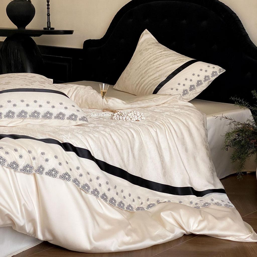 Elegant Princess Tencel Cotton Linen Blend Jacquard Bedding Set with Lace Trim - 4 Pieces