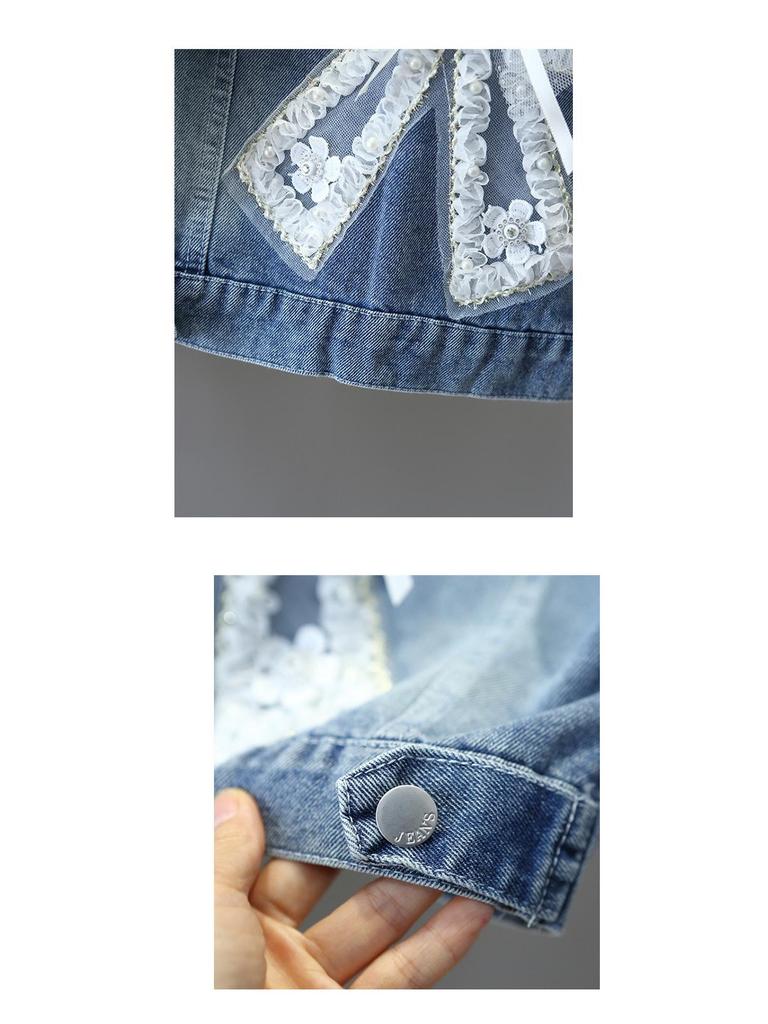 Girls' Bow Denim Jacket - 2024 Autumn Korean Style Casual Top