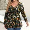 Women's Plus Size Shirt Long Sleeve  Print Top Pleated Casual V-Neck Top