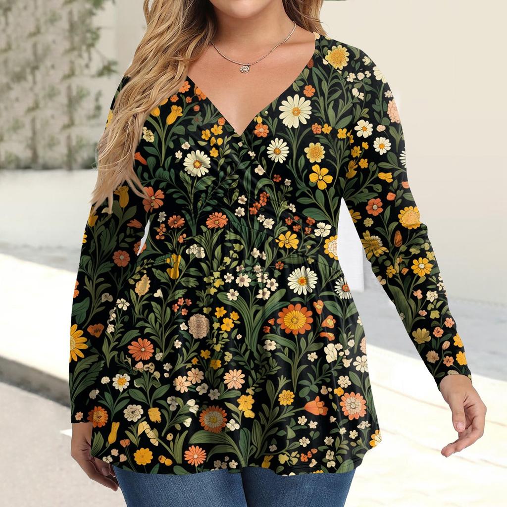 Women's Plus Size Shirt Long Sleeve  Print Top Pleated Casual V-Neck Top