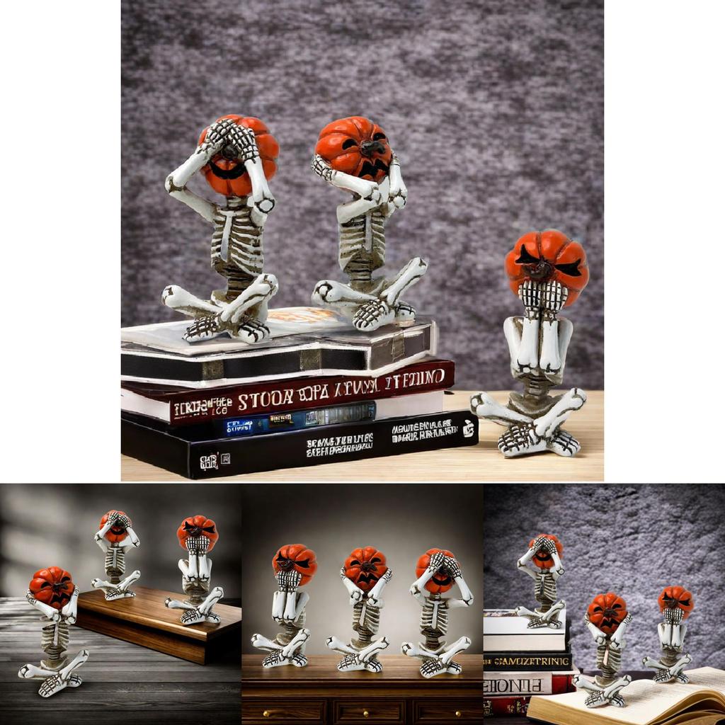 Delightful White Pumpkin Skull Set Three Resin Figurines Perfect For Halloween Parties