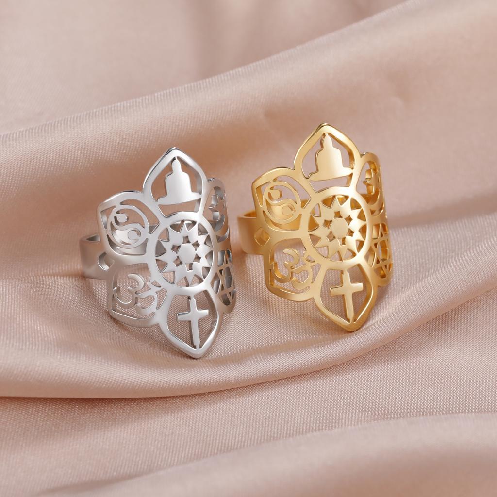 LIKGREAT Stainless Steel Lotus Flower Ring Moon Star Yoga Cross Star of David YinYang Symbol Rings Spiritual Amulet Jewelry