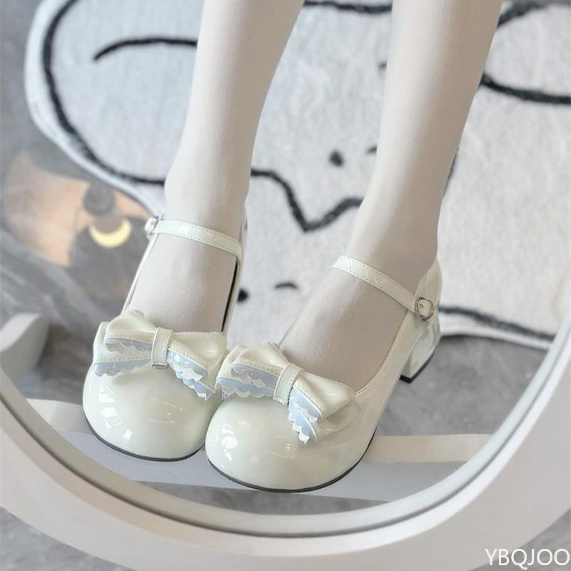 

Fashion Cute bow women s simple thick heeled leather shoes with round toe new daily mid heel comfortable fashionable single shoes 35 бежевый