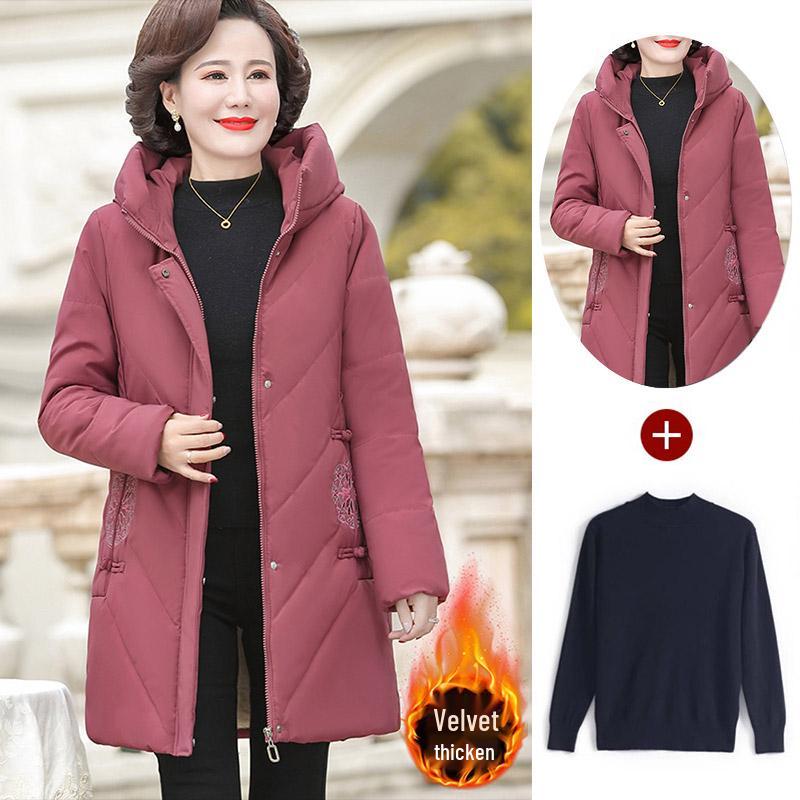 Red Mid-Length Winter Jacket for Middle-Aged and Elderly Women - Thick, Cotton-Padded, Suitable for Spring and Autumn