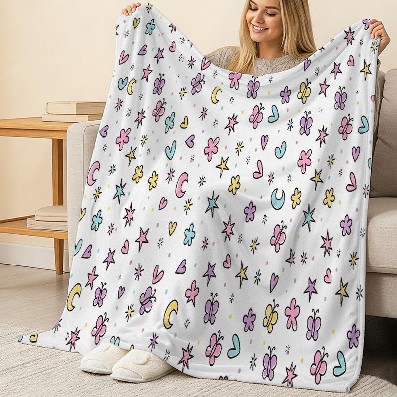 Flannel Fleece Blanket - High Density Soft Plush, Vibrant Butterfly Star Moon Pattern, Warm Cozy, Ideal for Home Decor, Halloween & Christmas