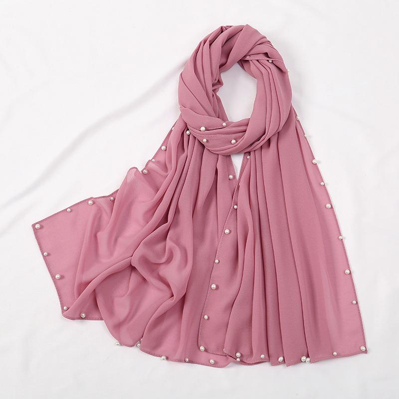 Hot-selling popular chiffon long towel plus small pearl women's gold and silver pearl headscarf