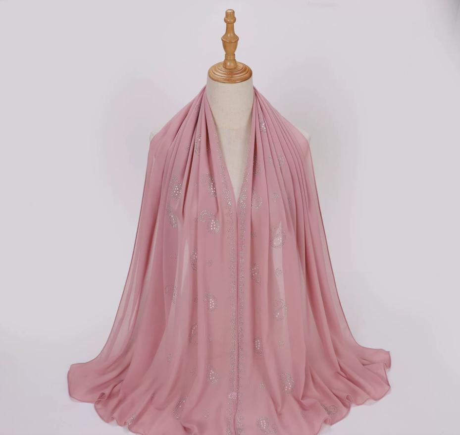 Fashion Muslim Chiffon Hijab With Rhinestones Diamonds Solid Headscarf Wraps Ramadan Islam Scarf For Women Turban Headband