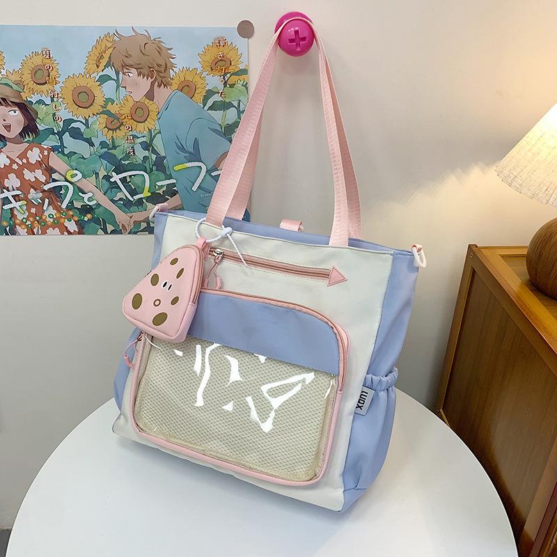 New Two-dimensional Girl Shoulder Bag Contrasting Color Splicing Primary and Secondary School Students Cute Class Make-up Storage Bag